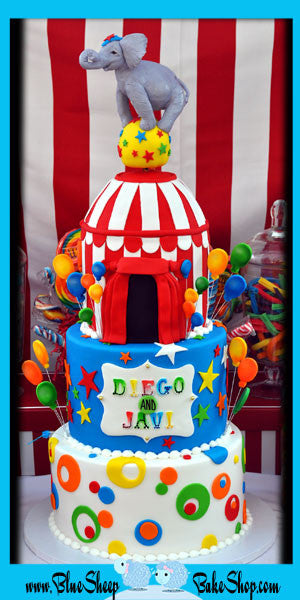 circus carnival 1st birthday cake in red white blue green orange custom cakes nj