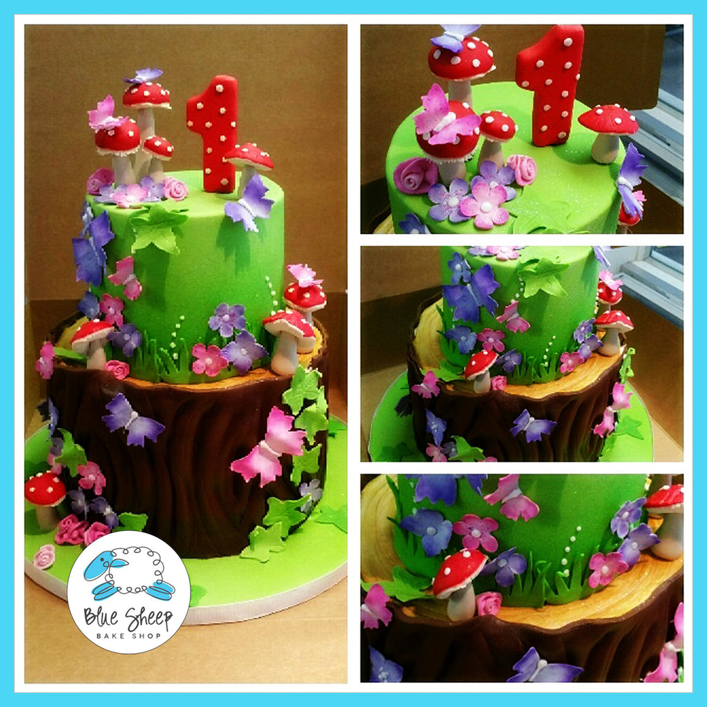 fairy first 1st birthday cake with butterflies and mushrooms