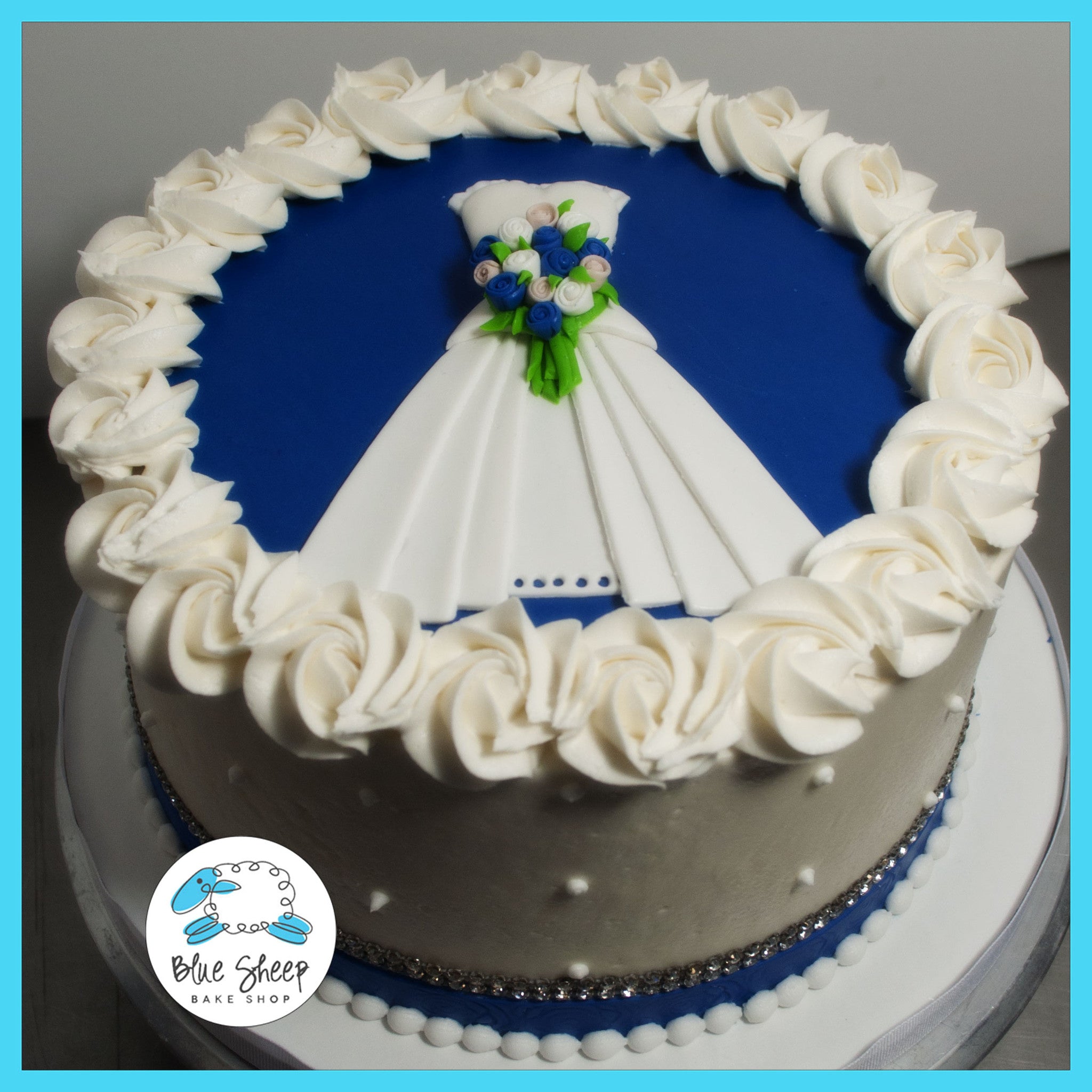 Gluten Free Buttercream Wedding Gown Bridal Shower Cake in Royal Blue