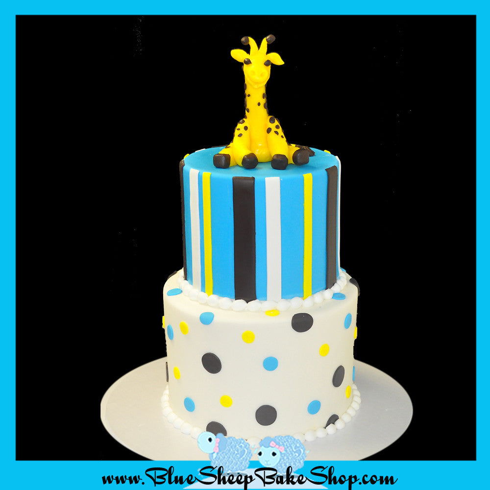 Giraffe Baby Shower Cake in blue white brown and yellow