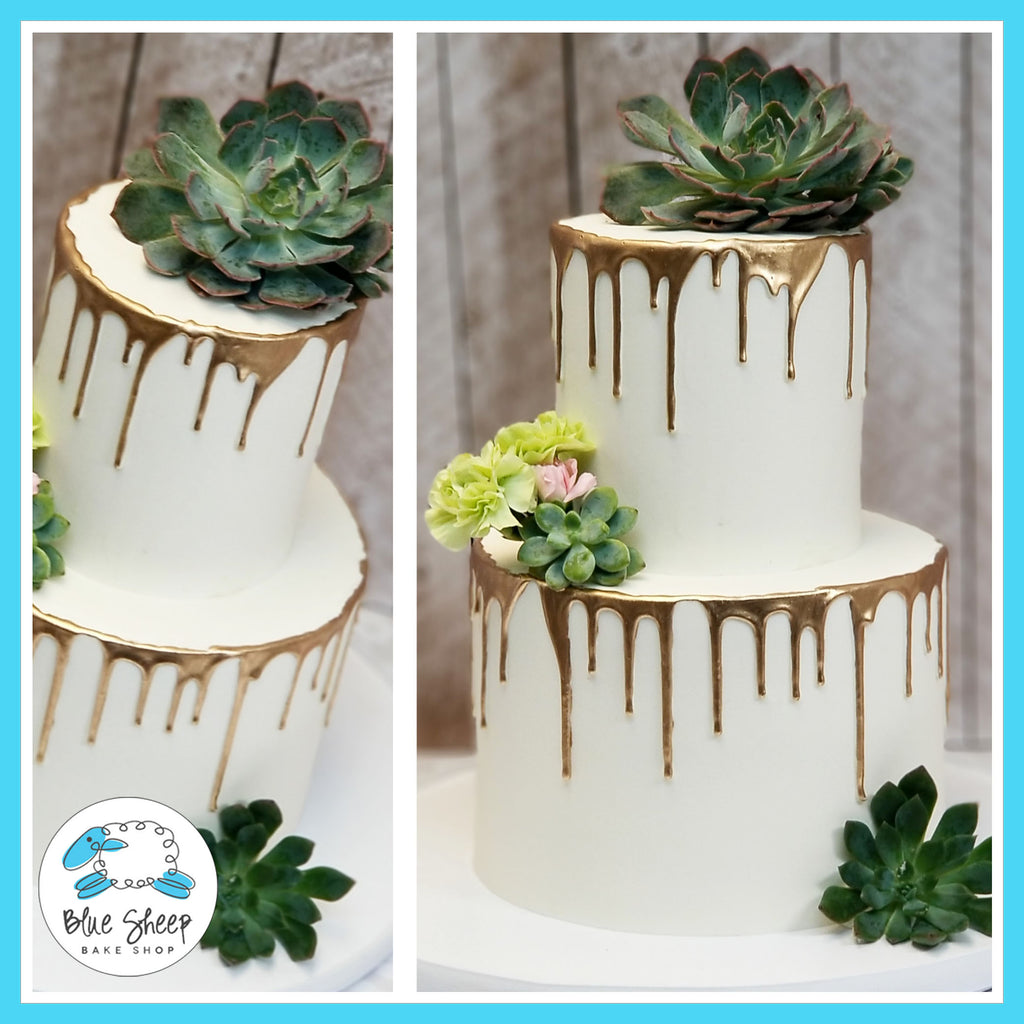 Gold Drip & Succulents Wedding Cake - Blue Sheep Bake Shop  NJ