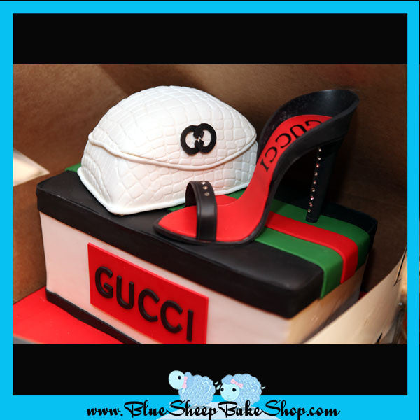 gucci shoe box cake with stiletto and purse