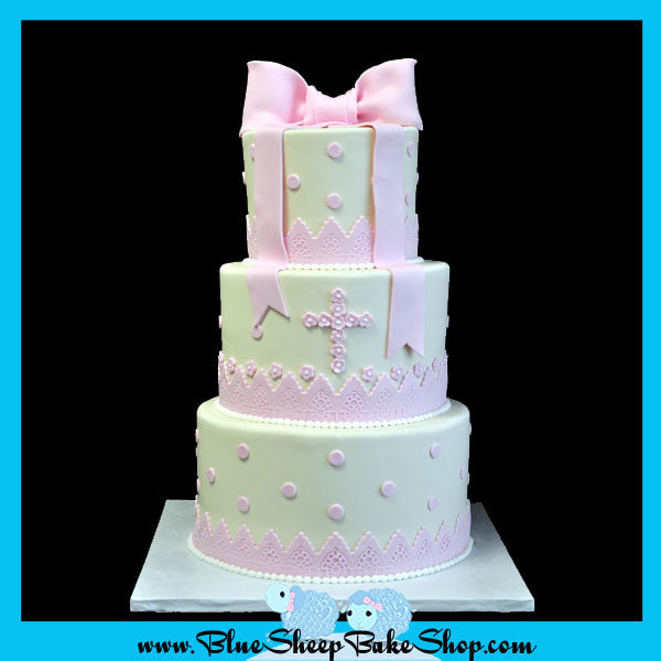 ivory and pink christening cake