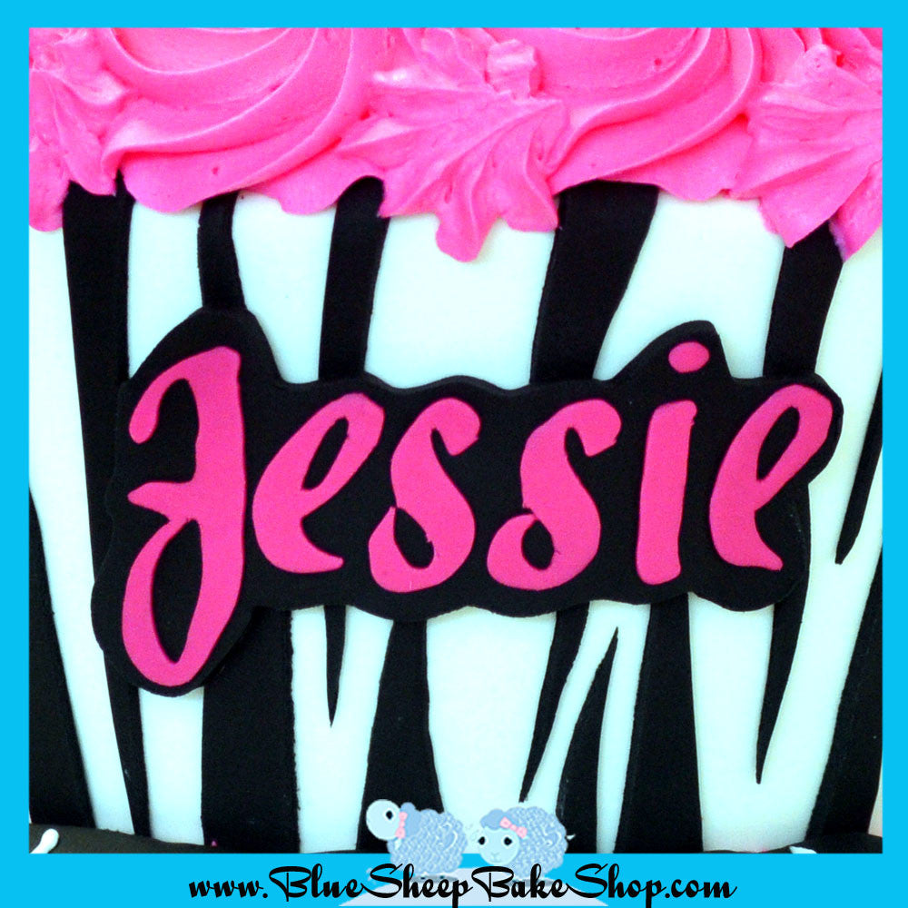 fondant name plate for zebra and hot pink cupcake cake
