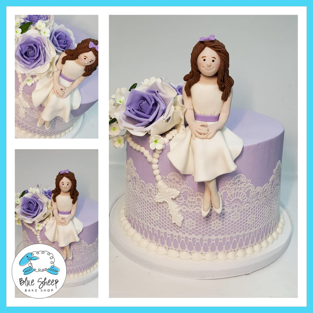 buttercream lace cake with fondant doll and sugar roses nj
