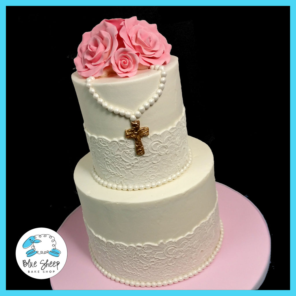 lace and roses first holy communion cake nj