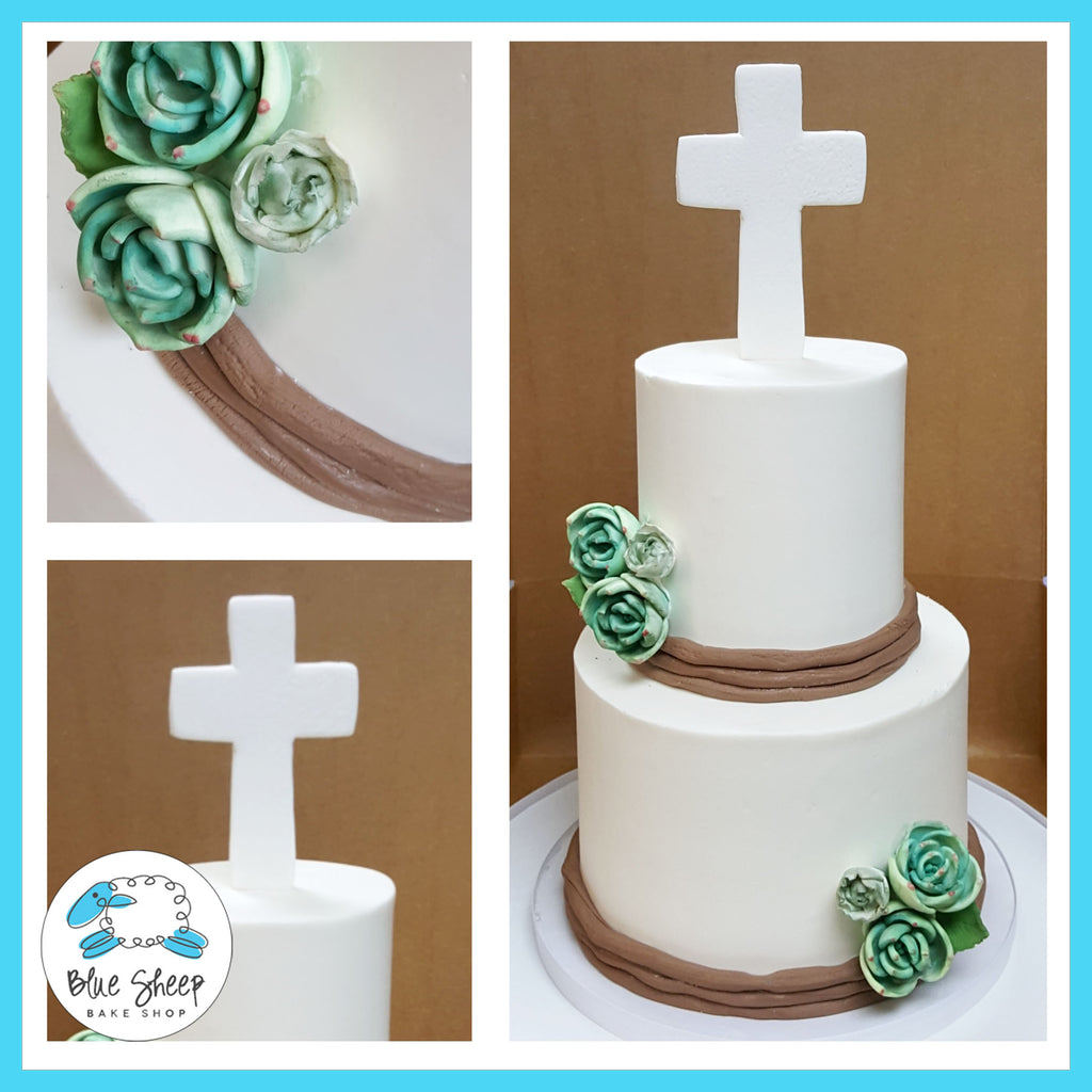 1st holy communion cake with succulents