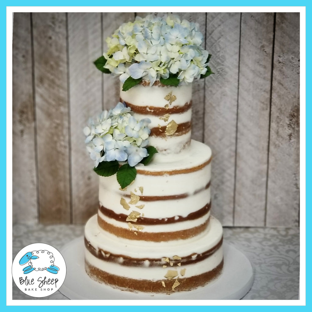Naked Wedding Cake with Blue Hydrangea