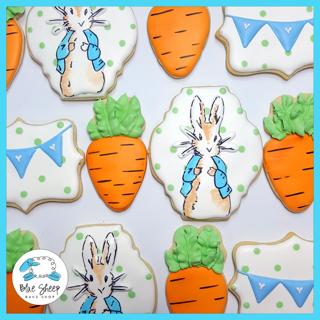 NJ custom royal icing cookies, favors, Peter Rabbit theme, carrots and banners