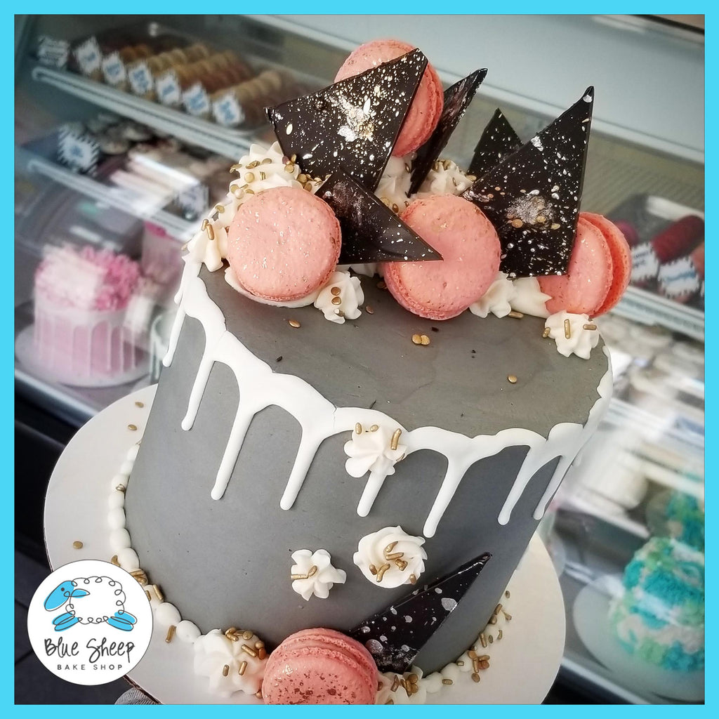 Grey Drip Cake with Pink Macarons & Black Shards - NJ Birthday Cakes