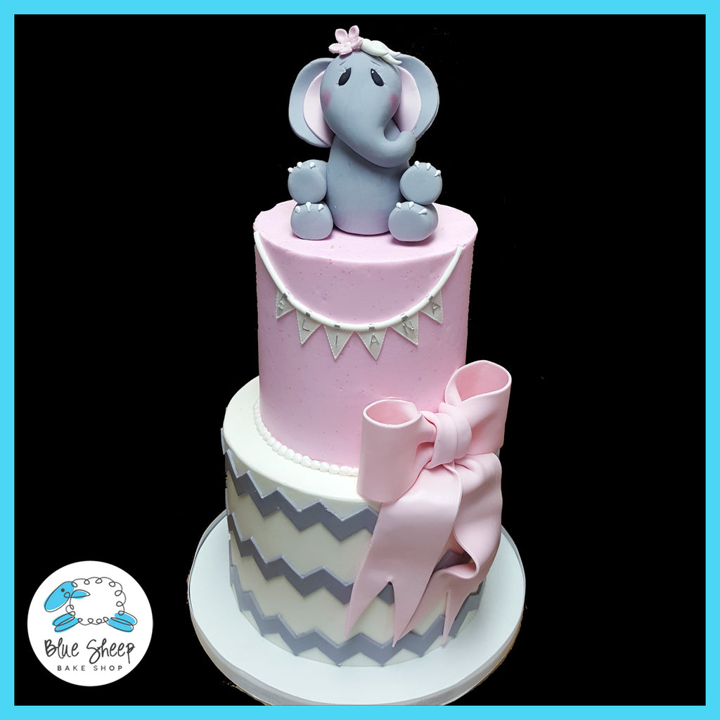 pink and grey elephant and chevron baby shower cake nj