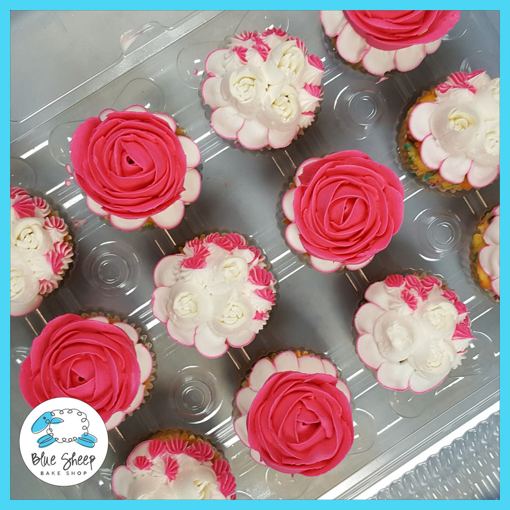 Bright Pink and White Floral Cupcakes – Blue Sheep Bake Shop