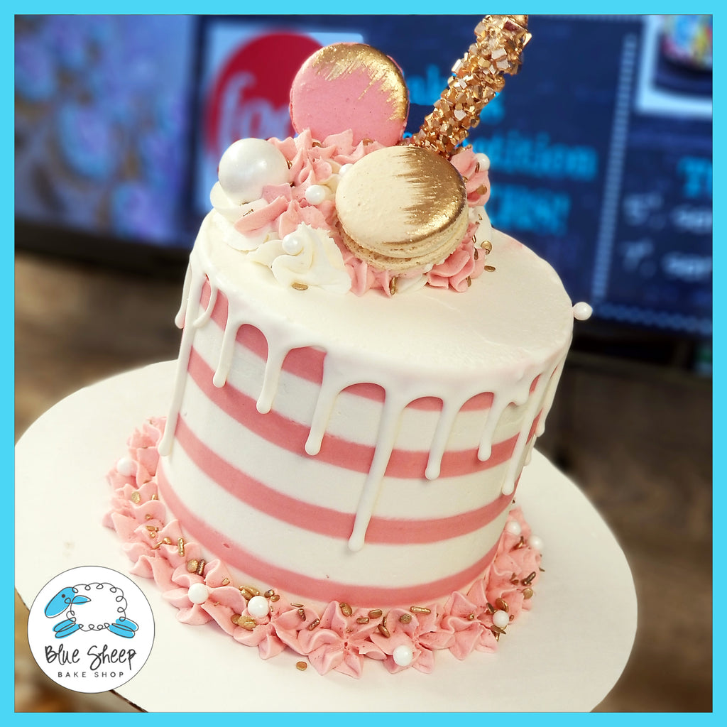 pink and white striped buttercream to go cake custom cakes nj