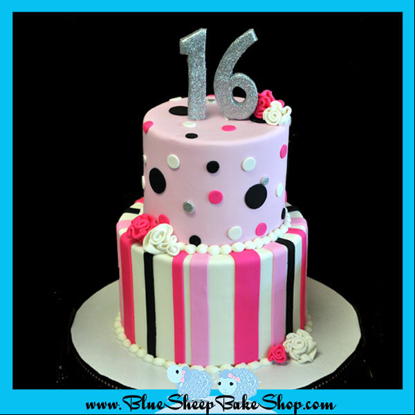 pink black and white tiered sweet 16 cake