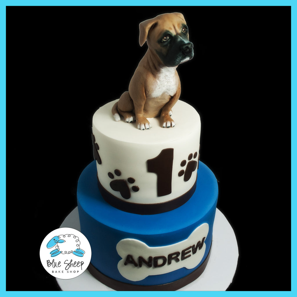fondant puppy themed 1st birthday cake wtih fondant boxer cake topper