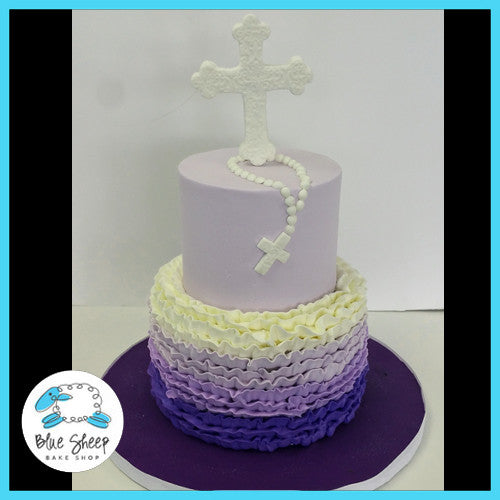 purple ombre buttercream ruffle communion cake