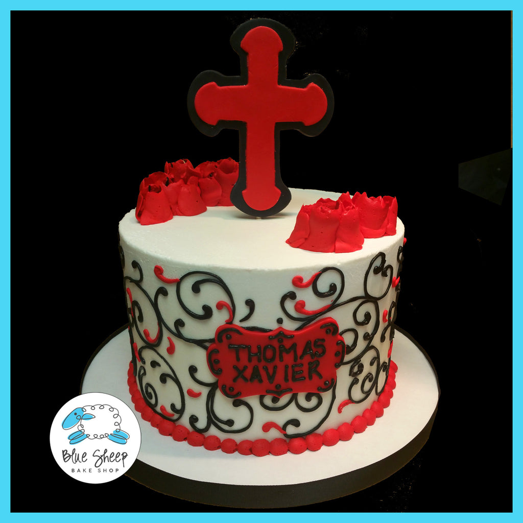 red and black buttercream confirmation cake