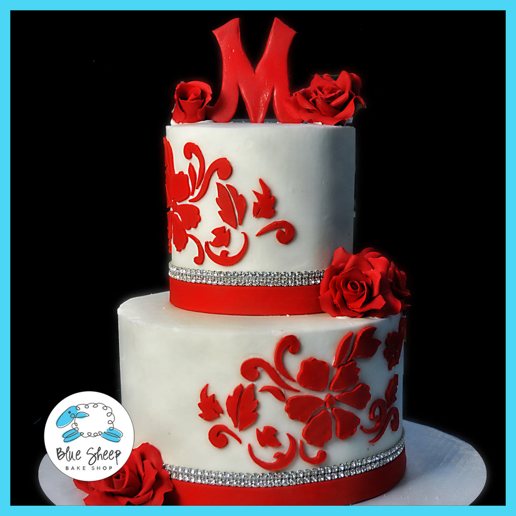 red & white floral wedding cake