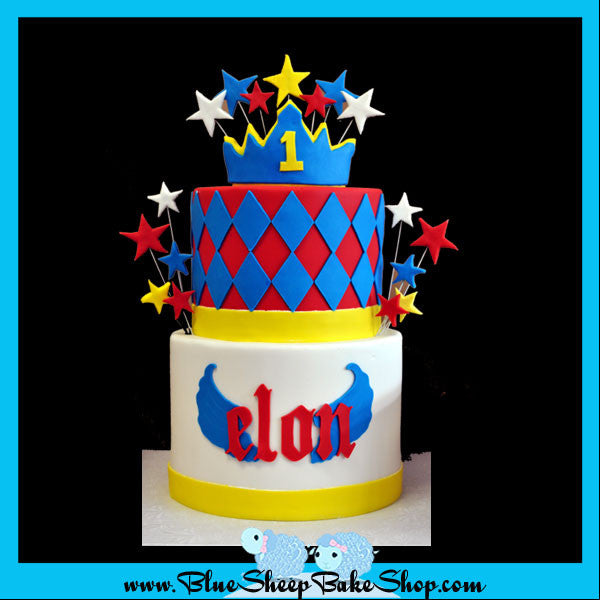 1st birthday cake - red blue yellow white rockstar prince cake - custom cake nj