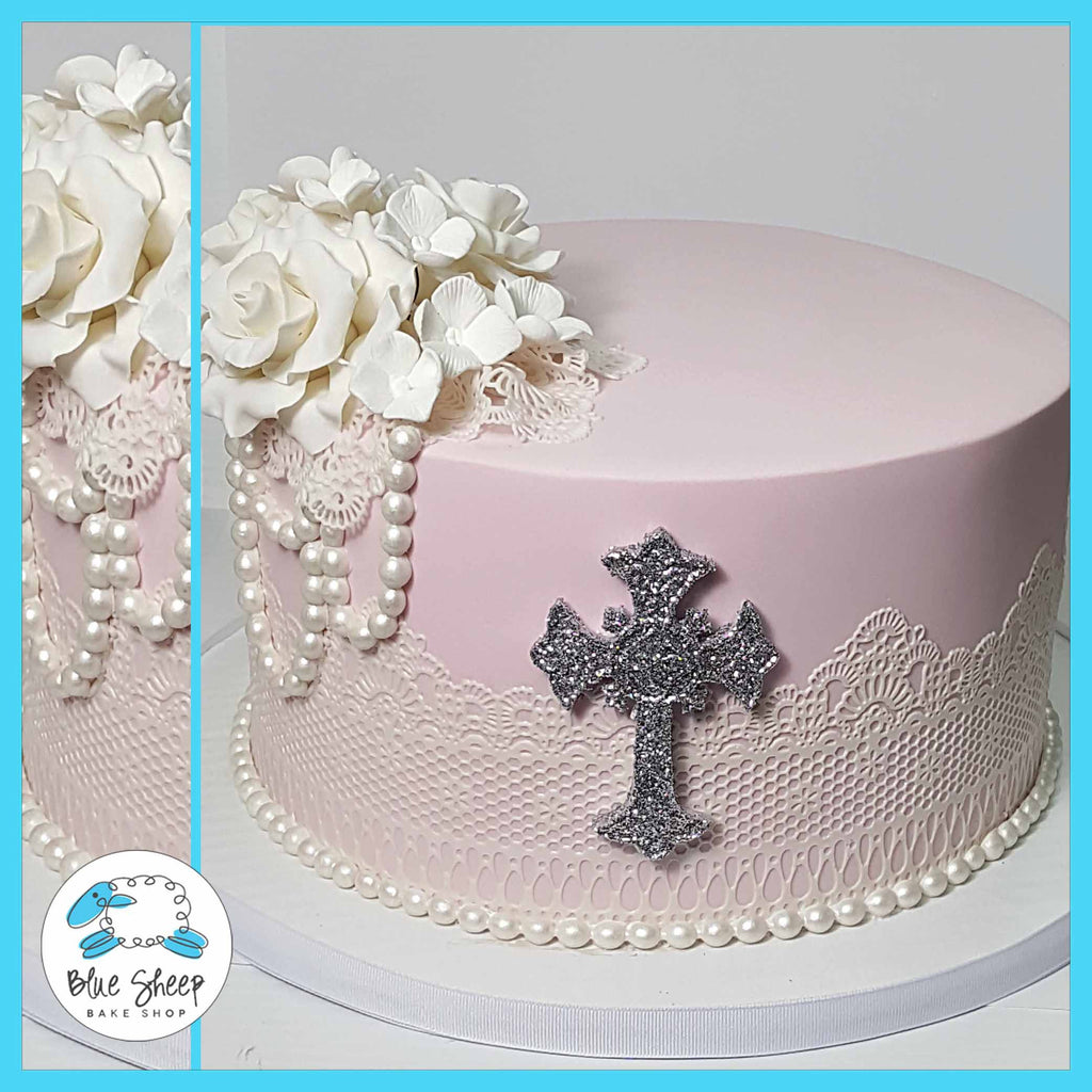 blush lace and roses communion cake nj