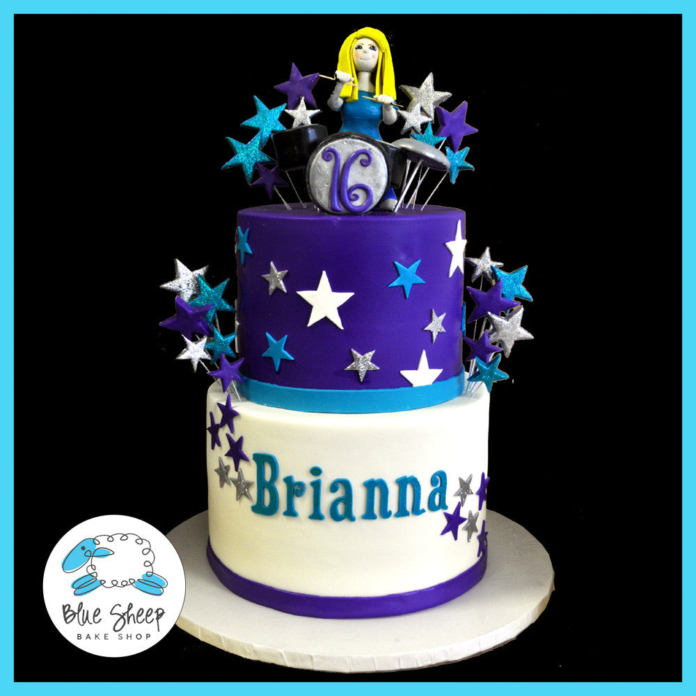sweet 16 drummer cake white turqoise and purple with fondant drummer girl cake topper and stars