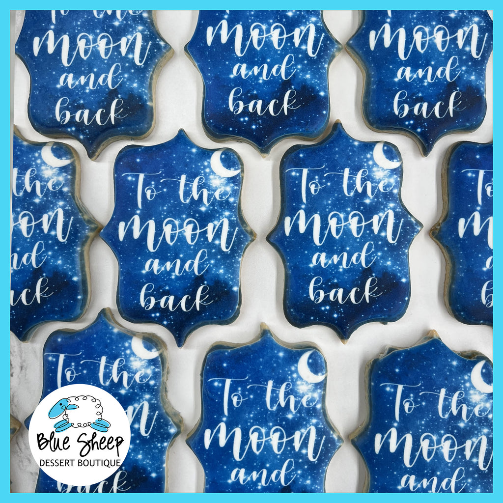 NJ printed sugar cookies, star and moon, night sky themed party favors, To The Moon And Back