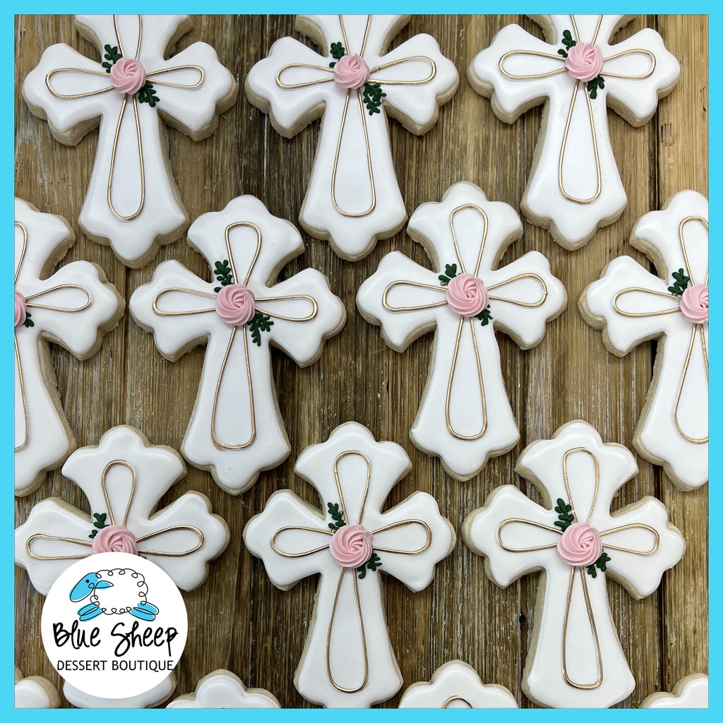 NJ baptism or first communion cross shaped decorated sugar cookie favors