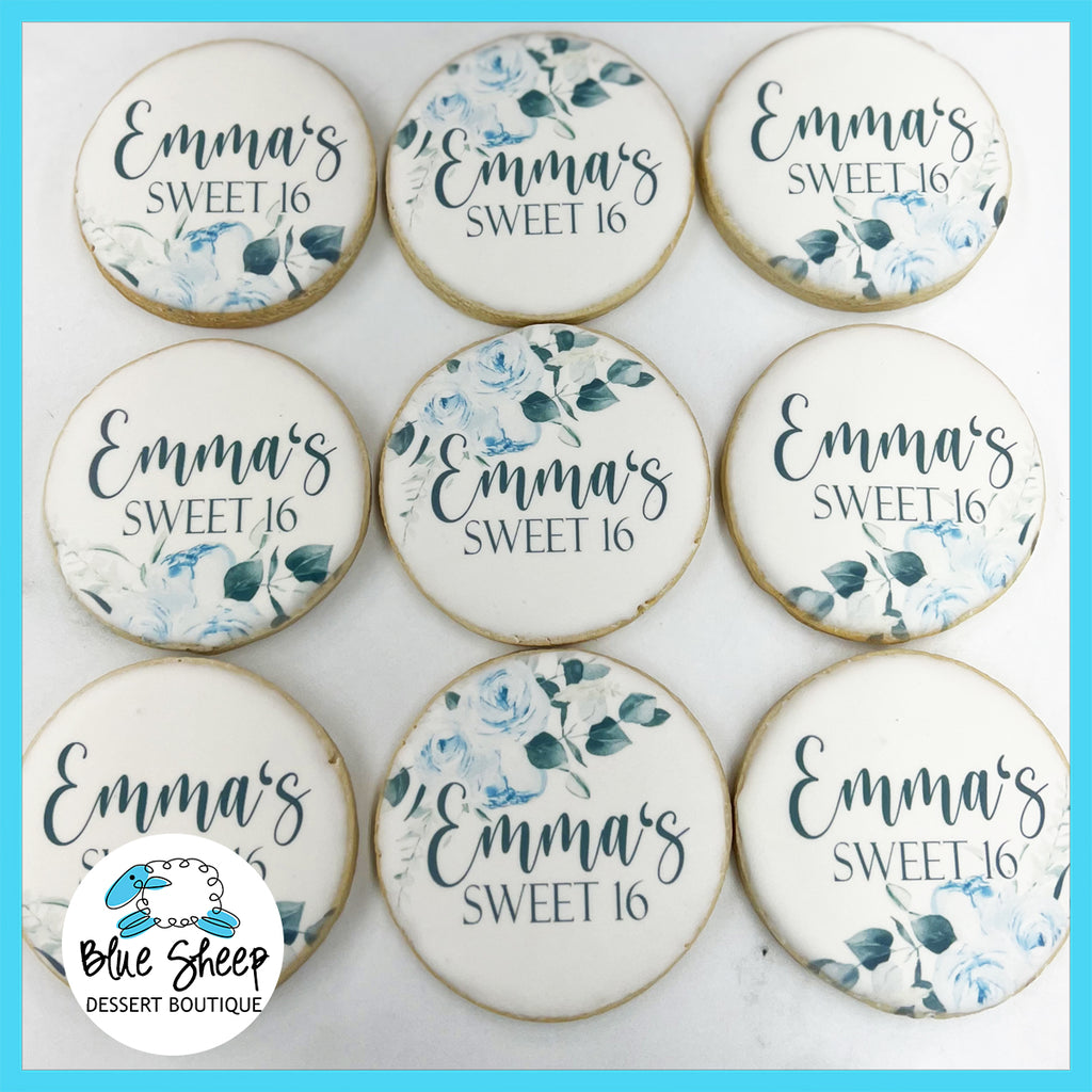NJ blue and white floral Sweet 16 printed sugar cookie favors