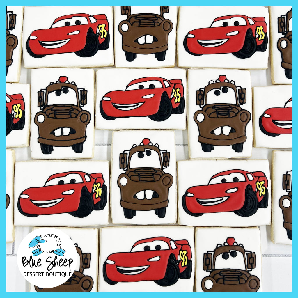 NJ Pixar Cars theme decorated sugar cookie party favors, featuring Lightning McQueen and Tow Mater. KACHOW!