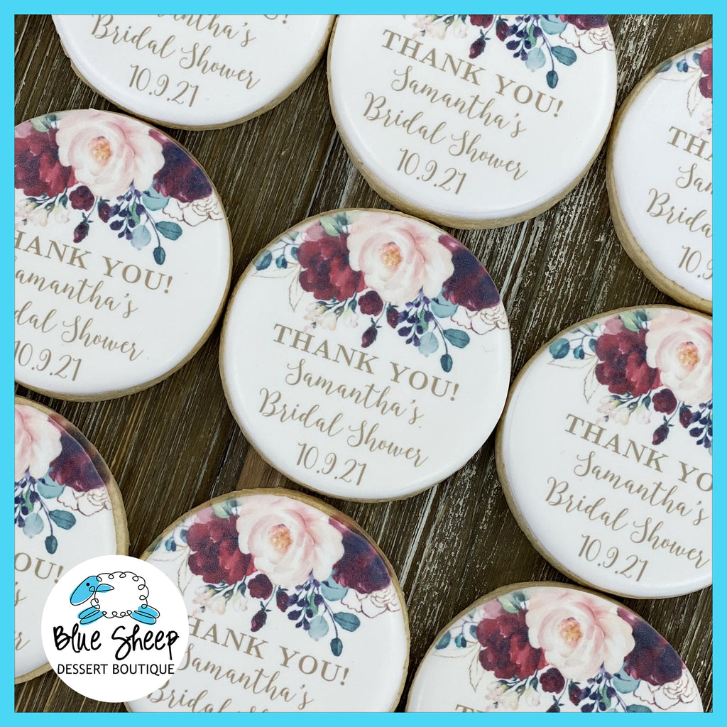 Bridal Shower Printed image cookies, favors with blush and dark red florals, roses. They read "Thank you! Samantha's Bridal Shower 10.9.21"
