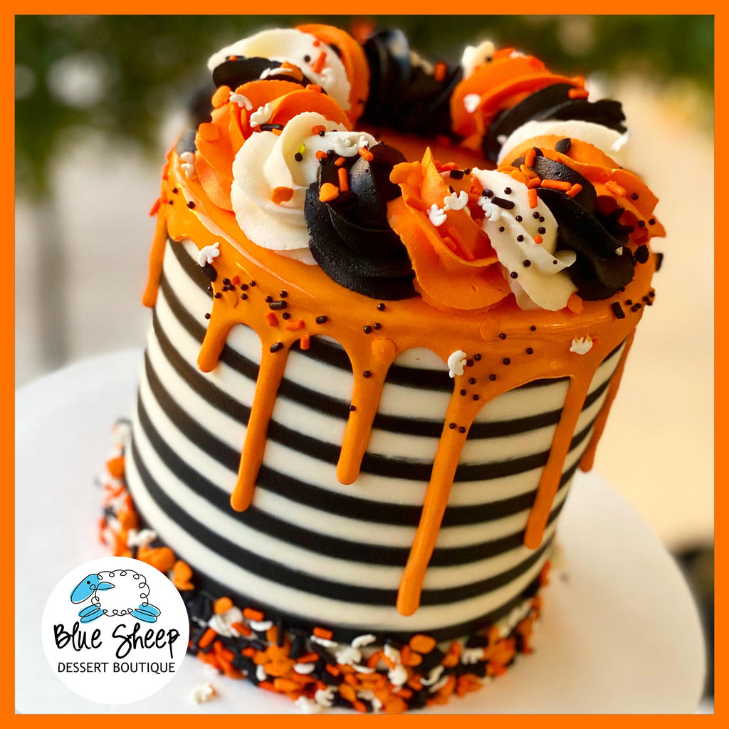 Orange, Black, & White Halloween To Go Cake – Blue Sheep Bake Shop