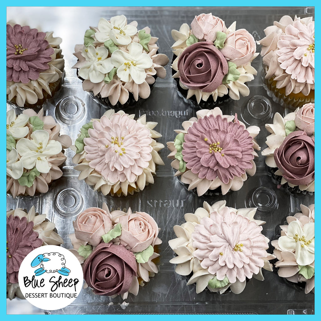 mauve floral buttercream cupcakes