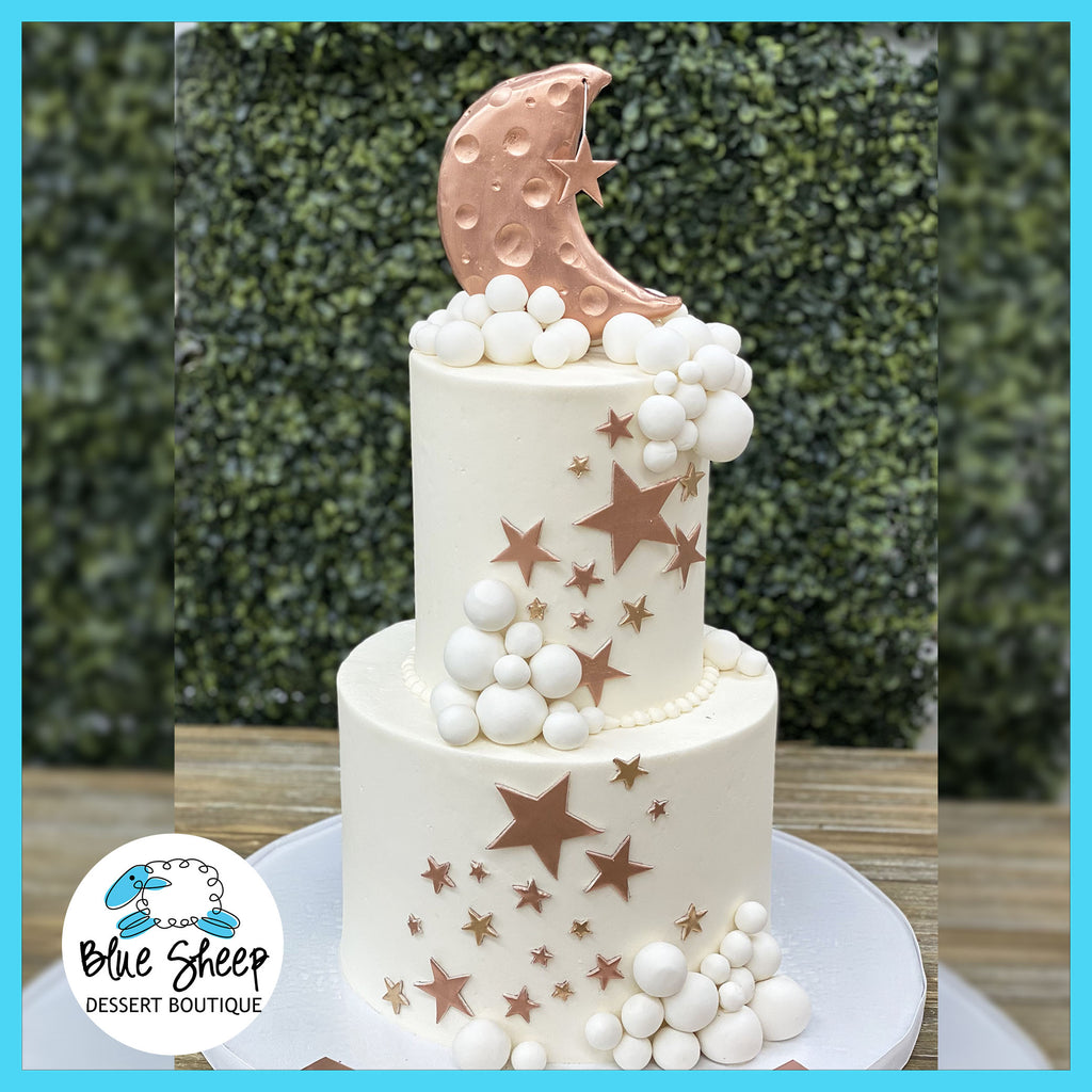 rose gold moon and stars baby shower cake
