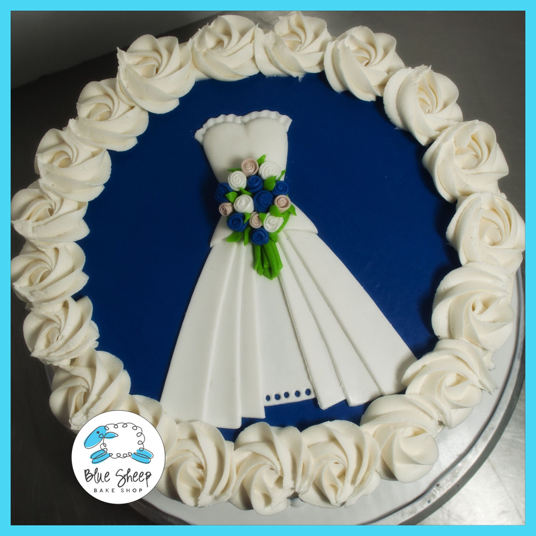 Gluten Free Buttercream Wedding Gown Bridal Shower Cake in Royal Blue