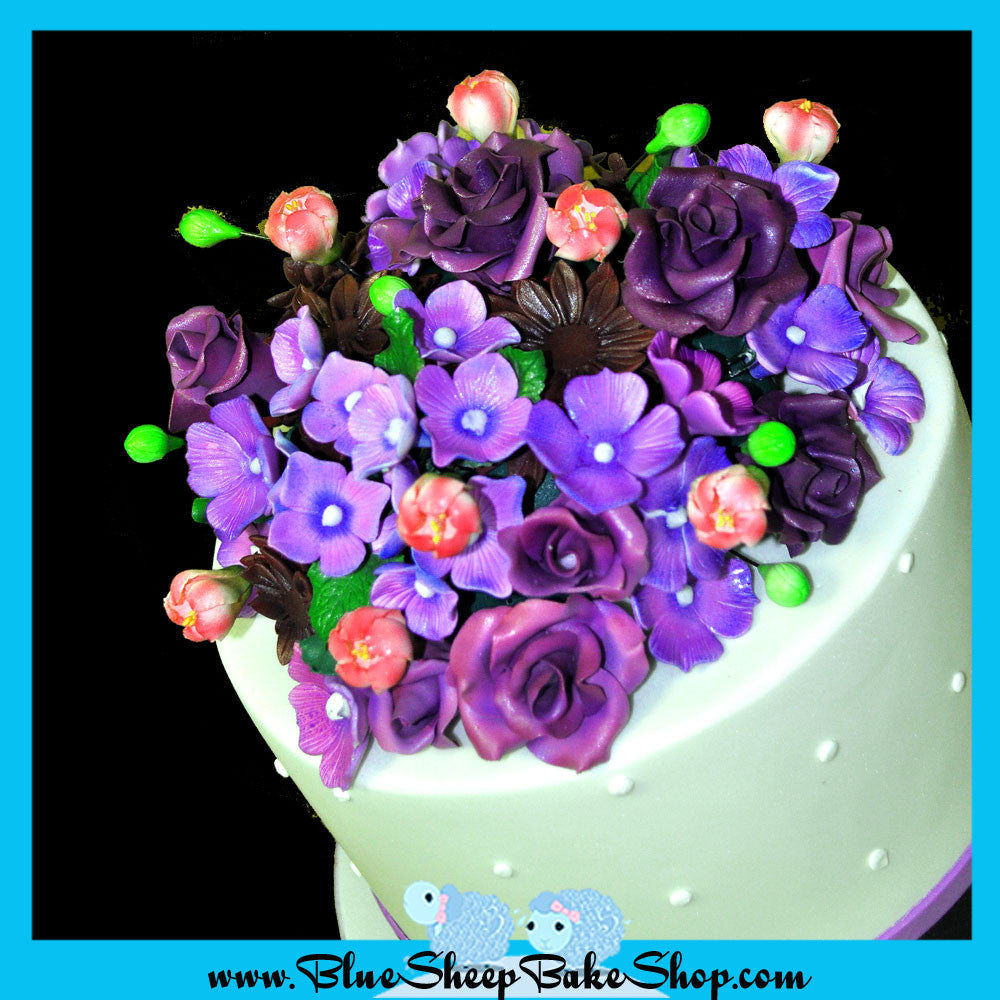 purple wedding cake topper dahlias hydrangea roses