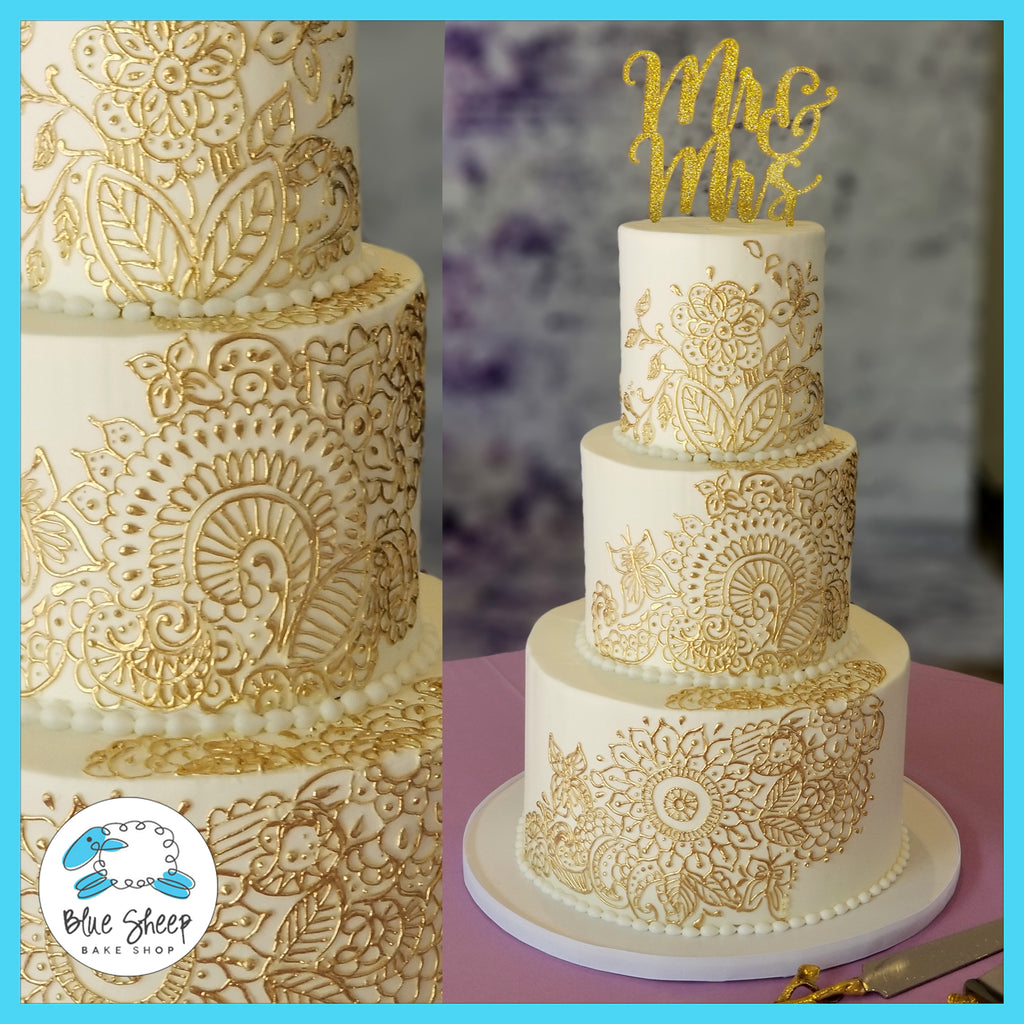 white and gold henna wedding cake nj 