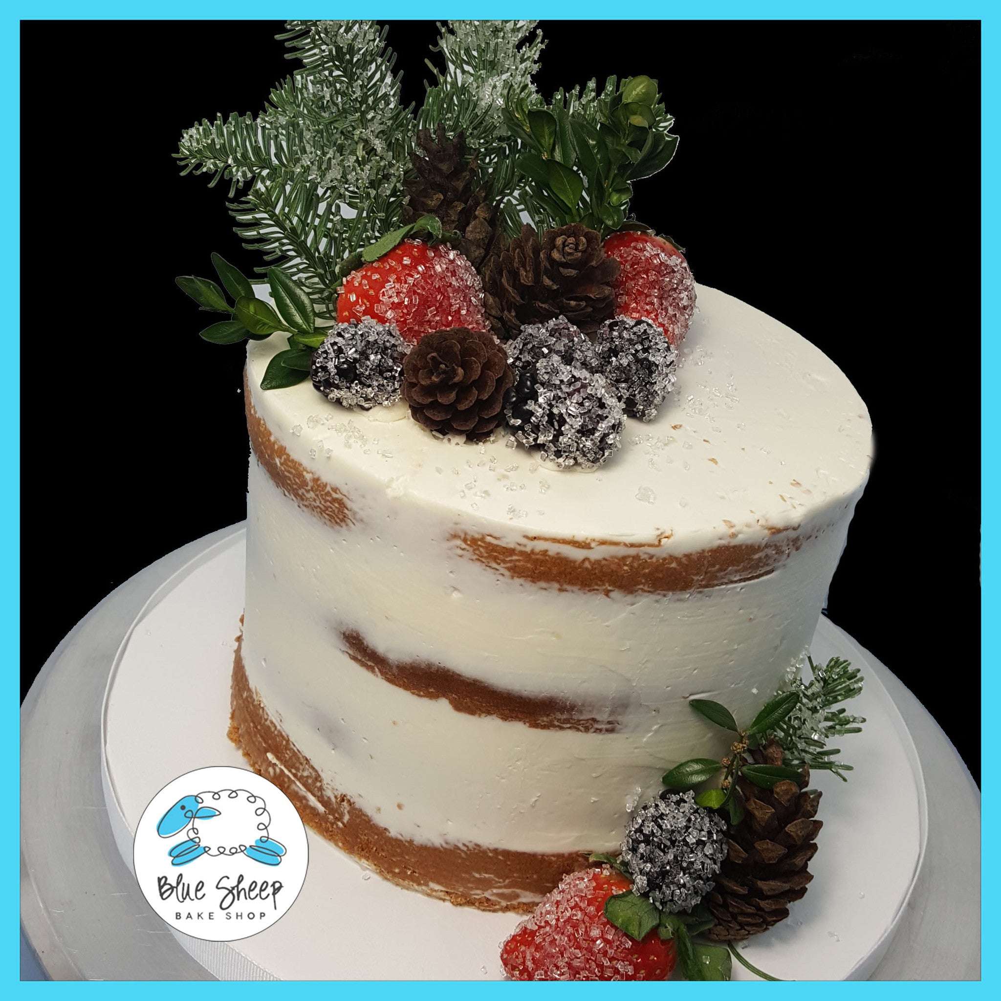 Naked Christmas Berry Cake with Pine Cones