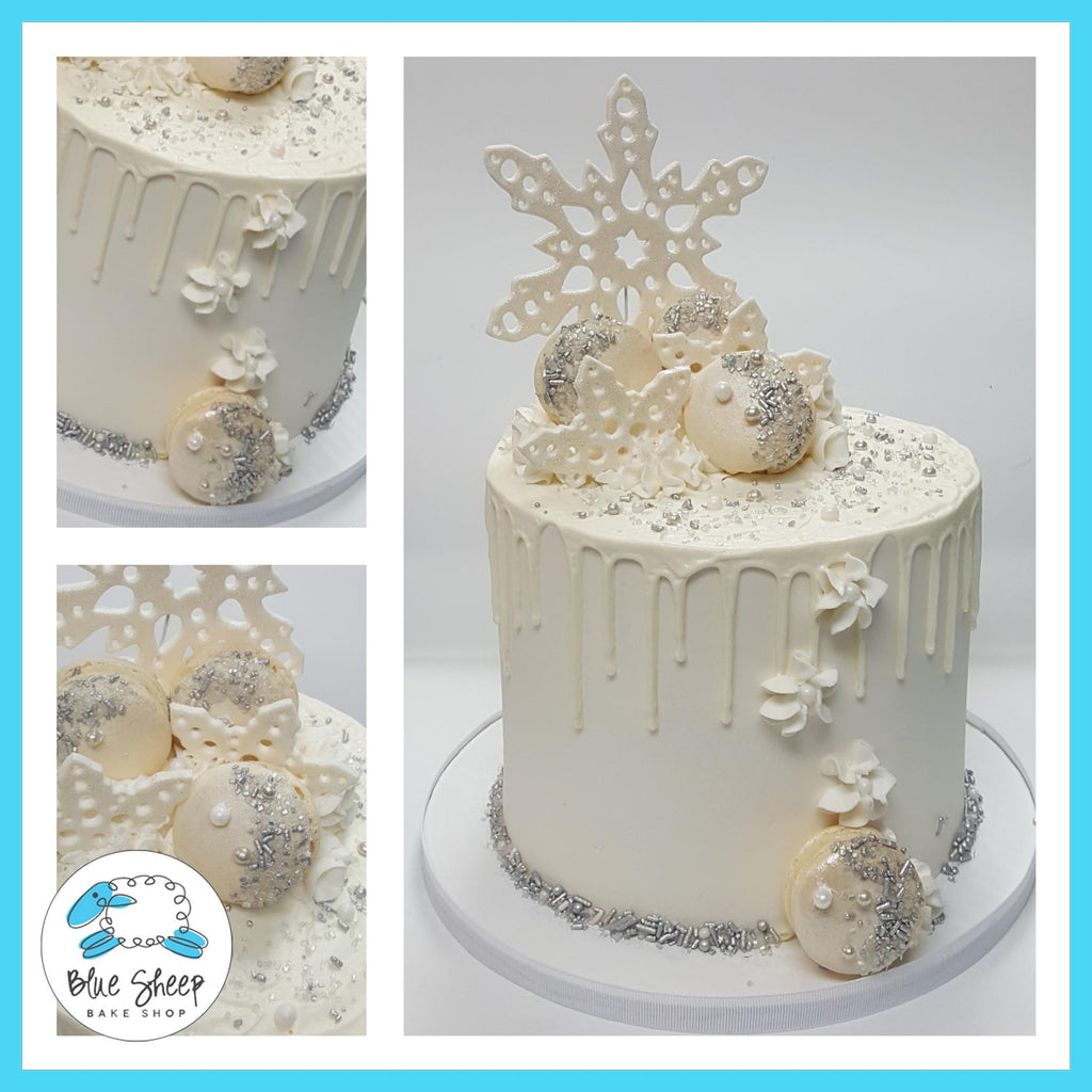 winter wonderland wedding cake with jeweled macarons nj
