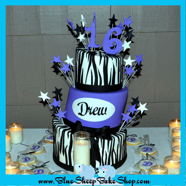 topsy turvy purple and zebra sweet 16 cake with tye dyed cake batter